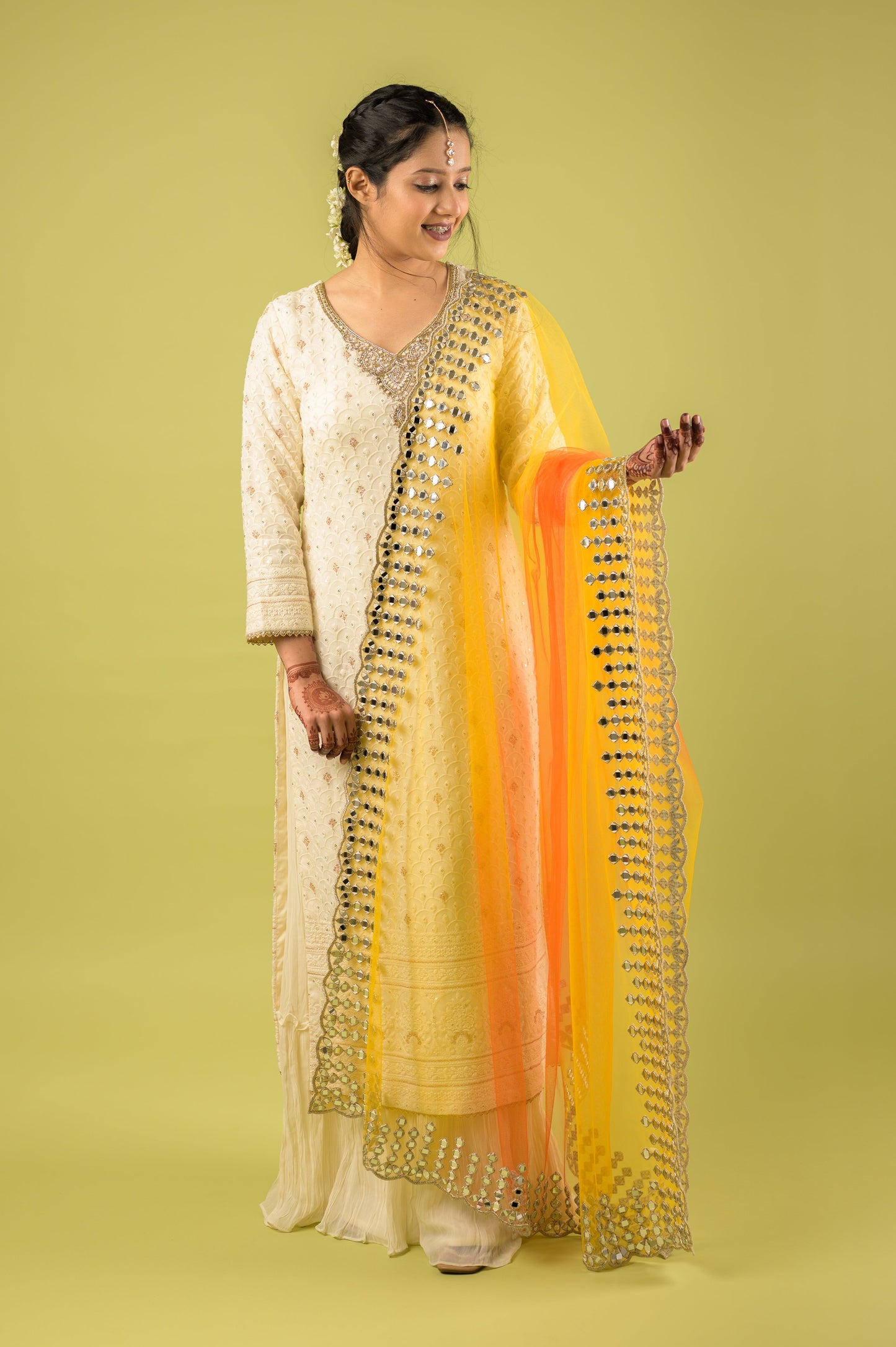 Genda Phool Yellow Orange Mirror Work Dupatta