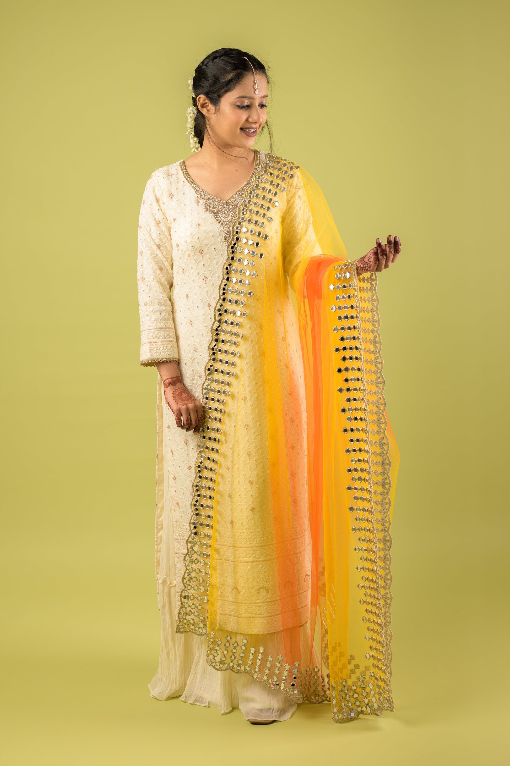 Genda Phool Yellow Orange Mirror Work Dupatta
