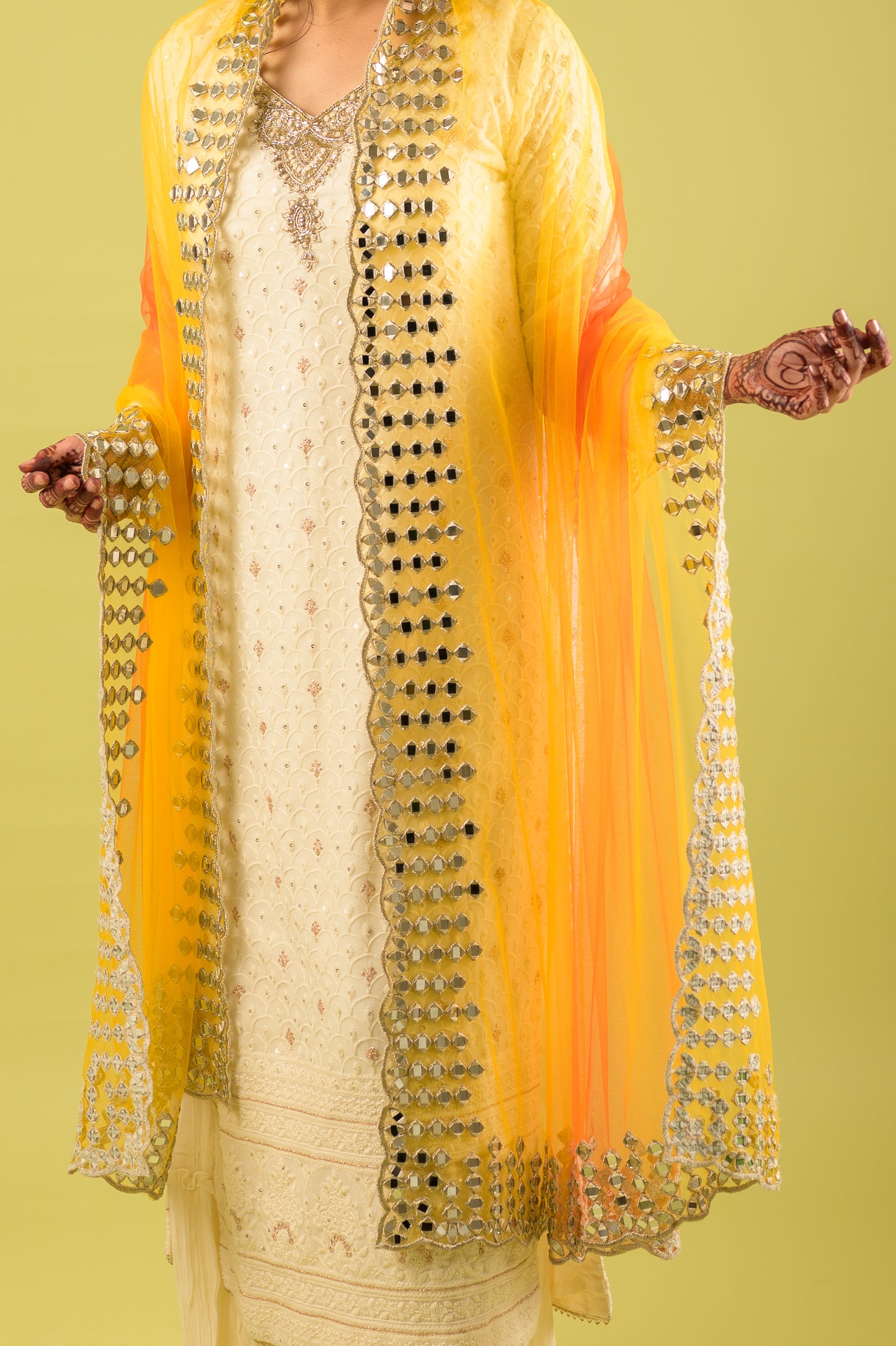Genda Phool Yellow Orange Mirror Work Dupatta