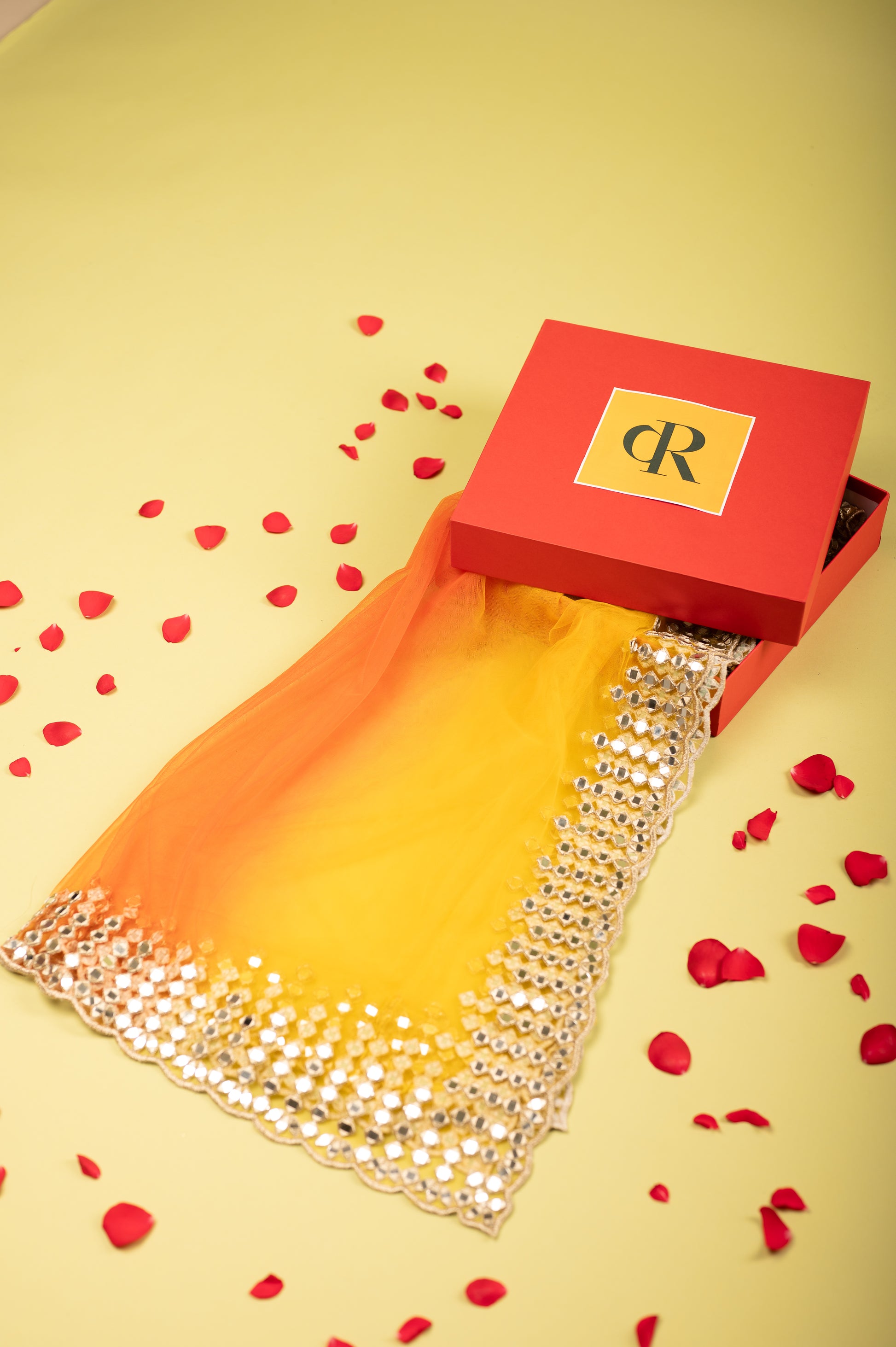 Packing box - Genda Phool Yellow Orange Mirror Work Dupatta