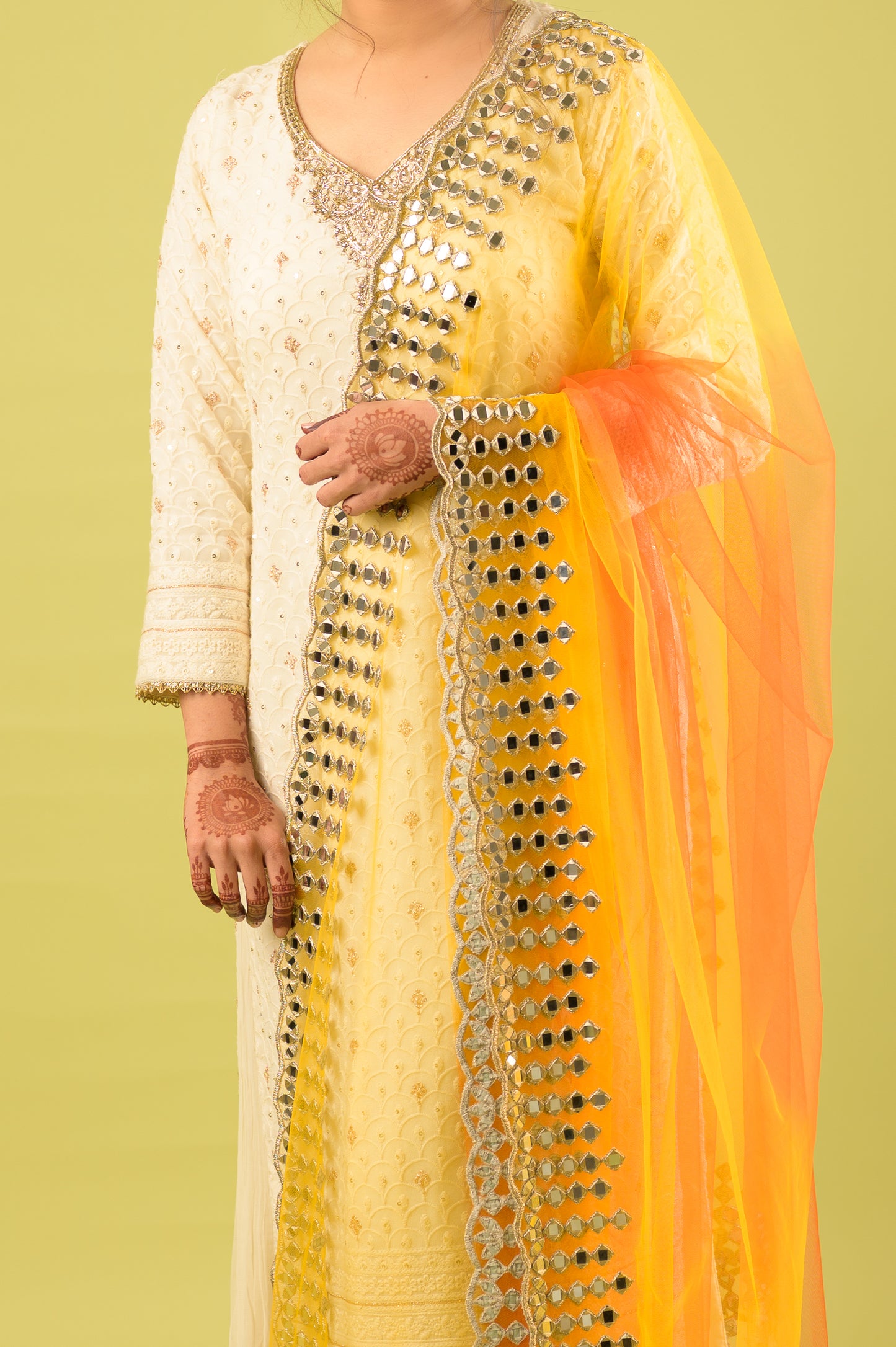 Genda Phool Yellow Orange Mirror Work Dupatta
