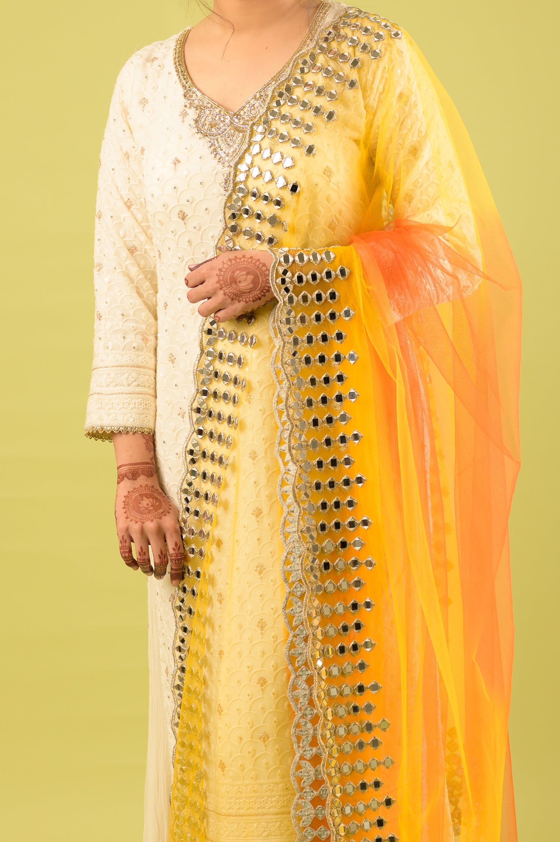 Genda Phool Yellow Orange Mirror Work Dupatta
