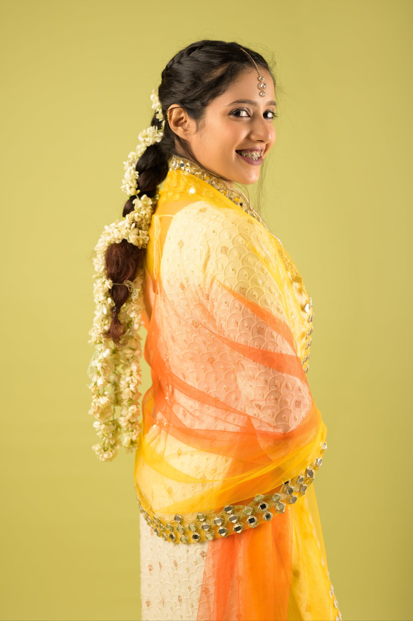 Genda Phool Yellow Orange Mirror Work Dupatta