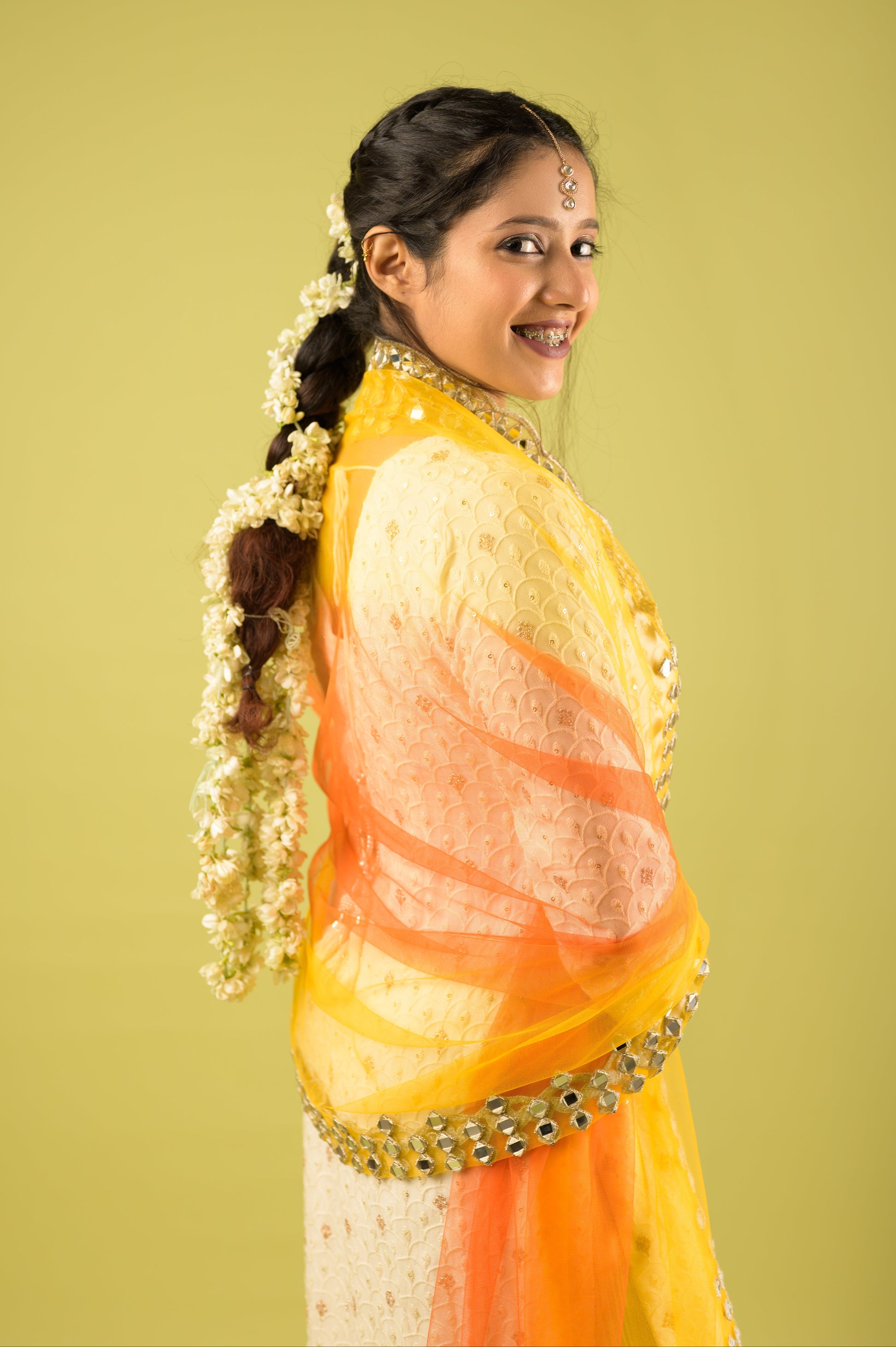 Genda Phool Yellow Orange Mirror Work Dupatta