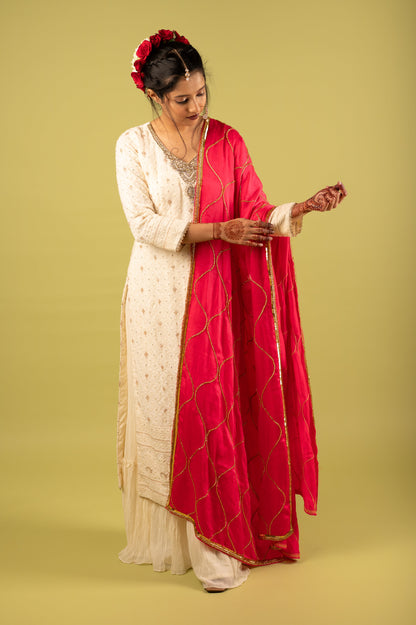 Rani Pink Hand-Embroidered Dupatta with Mirror Tassels