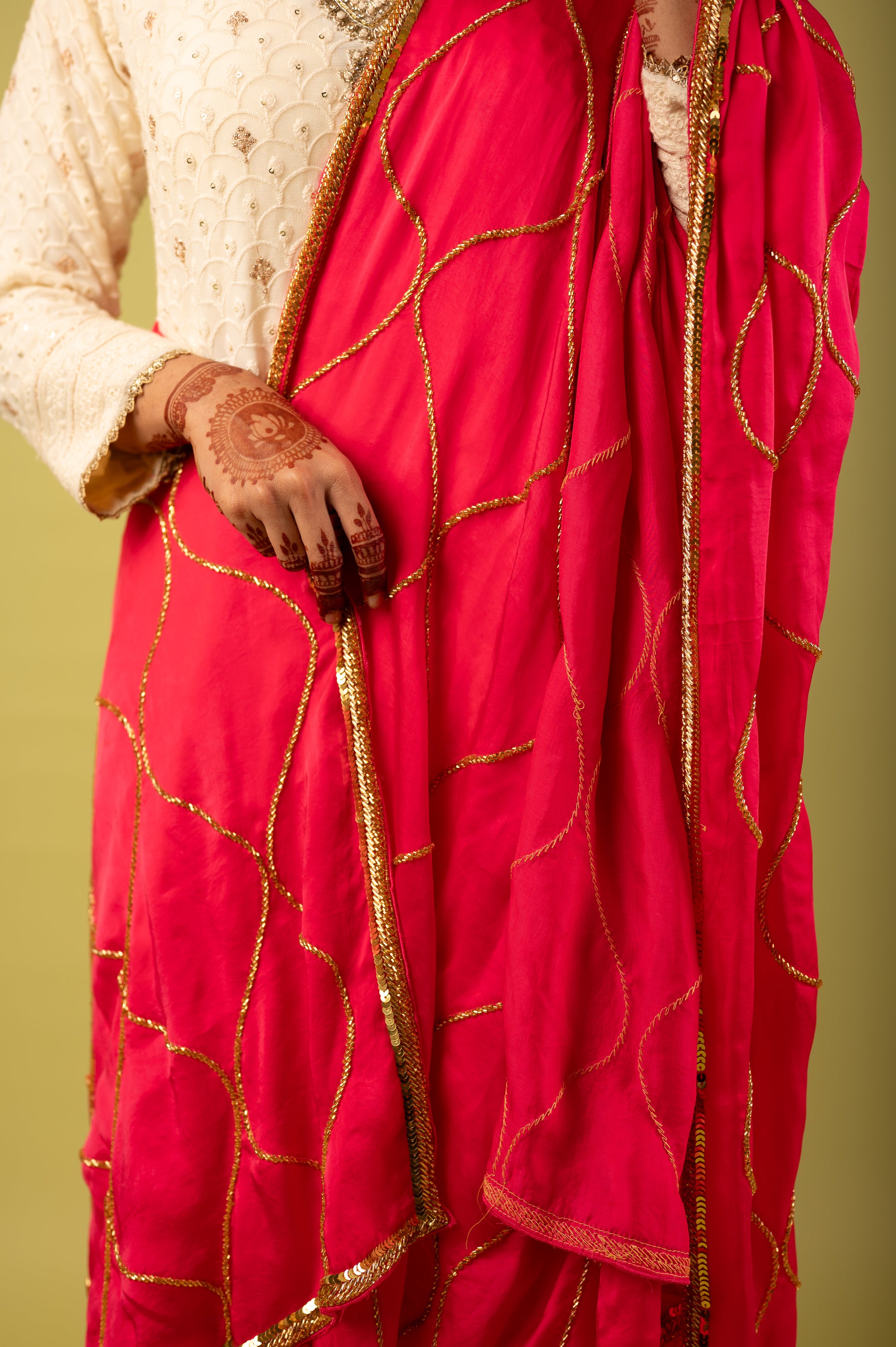 Rani Pink Hand-Embroidered Dupatta with Mirror Tassels